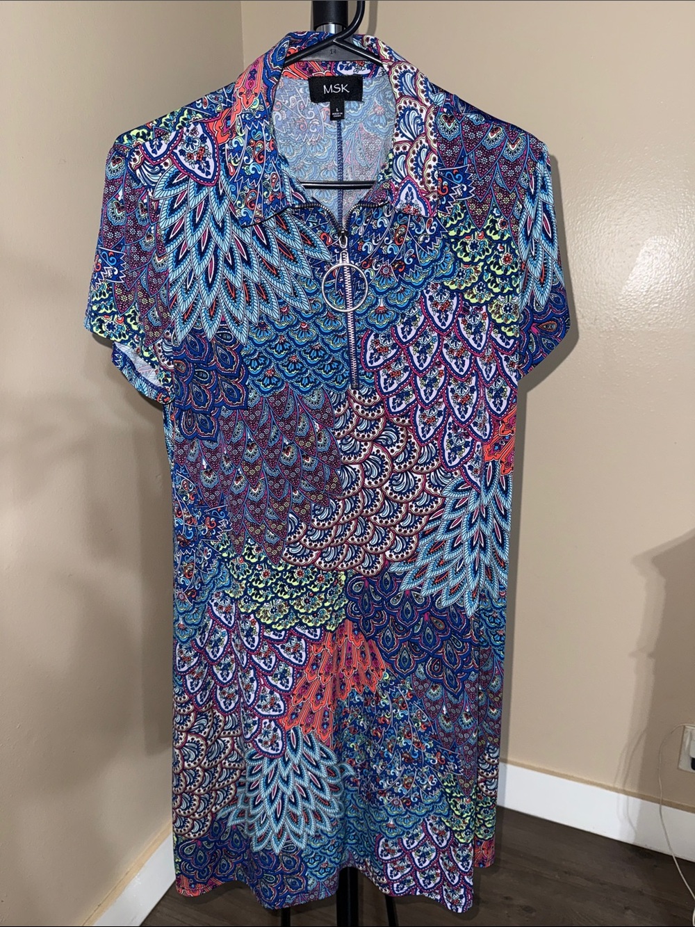 MSK Multicolor Paisley-Print Short Sleeve Swim Coverup with Zip Ring
